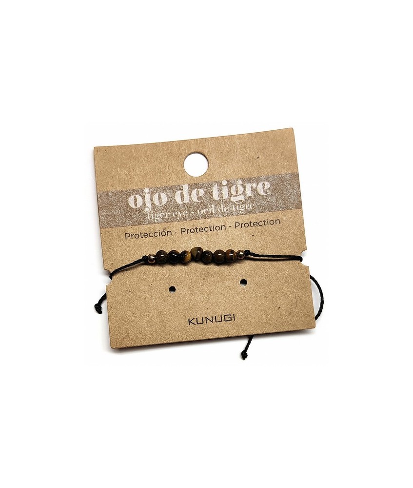 Pulsera de bolas de Ojo de Tigre de 4mm en hilo negro ajustable.

Tarjeta exclusiva en 3 idiomas.