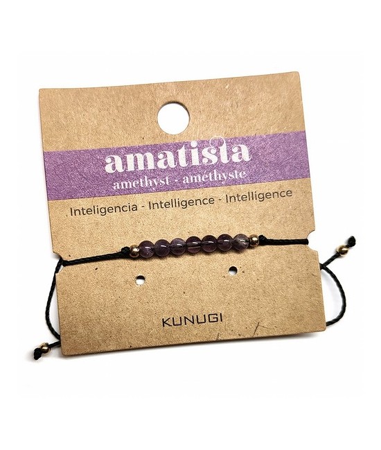 Pulsera de bolas de Amatista de 4mm en hilo negro ajustable.

Tarjeta exclusiva en 3 idiomas.