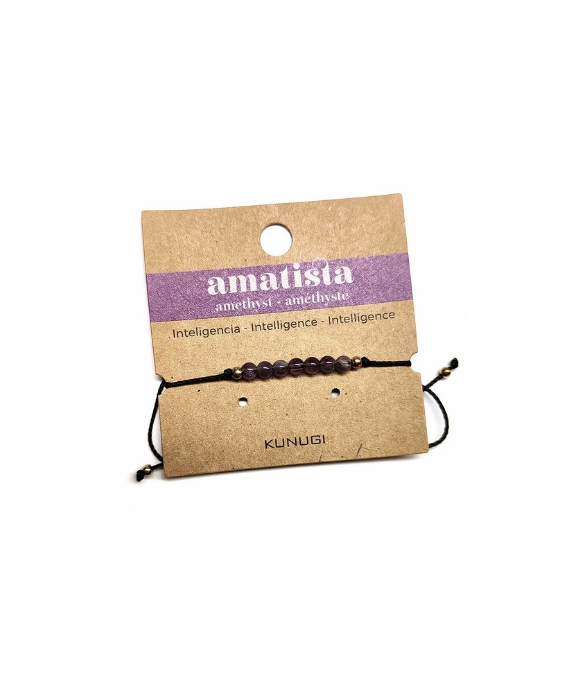 Pulsera de bolas de Amatista de 4mm en hilo negro ajustable.

Tarjeta exclusiva en 3 idiomas.