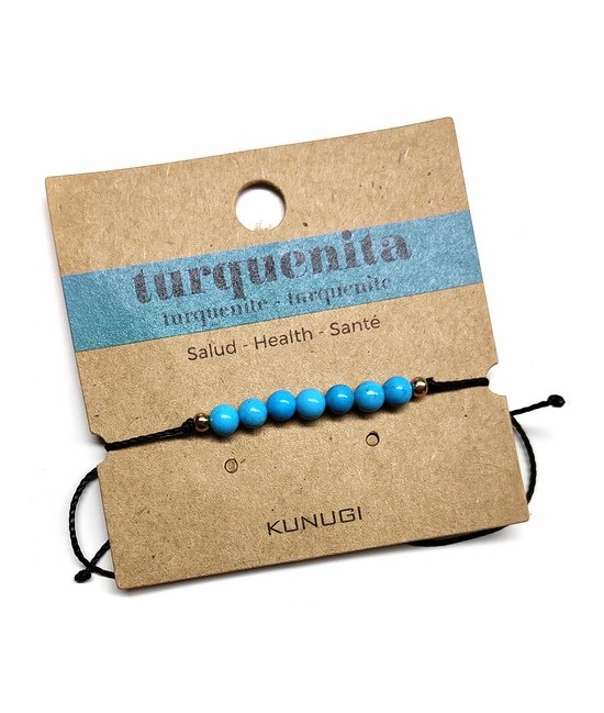 Pulsera de bolas de Turquenita de 4mm en hilo negro ajustable.

Tarjeta exclusiva en 3 idiomas.