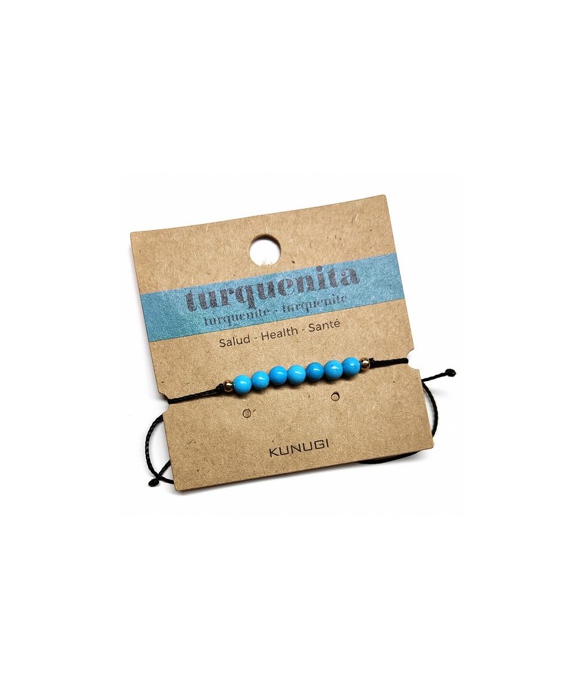 Pulsera de bolas de Turquenita de 4mm en hilo negro ajustable.

Tarjeta exclusiva en 3 idiomas.