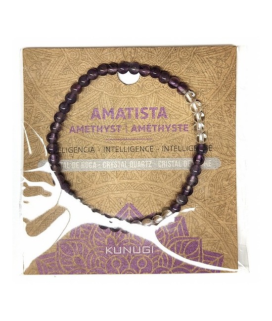 Pulsera de Amatista y Cristal de Roca en bolas de 4mm.

En goma elástica.

Tarjeta exclusiva en 3 idiomas.