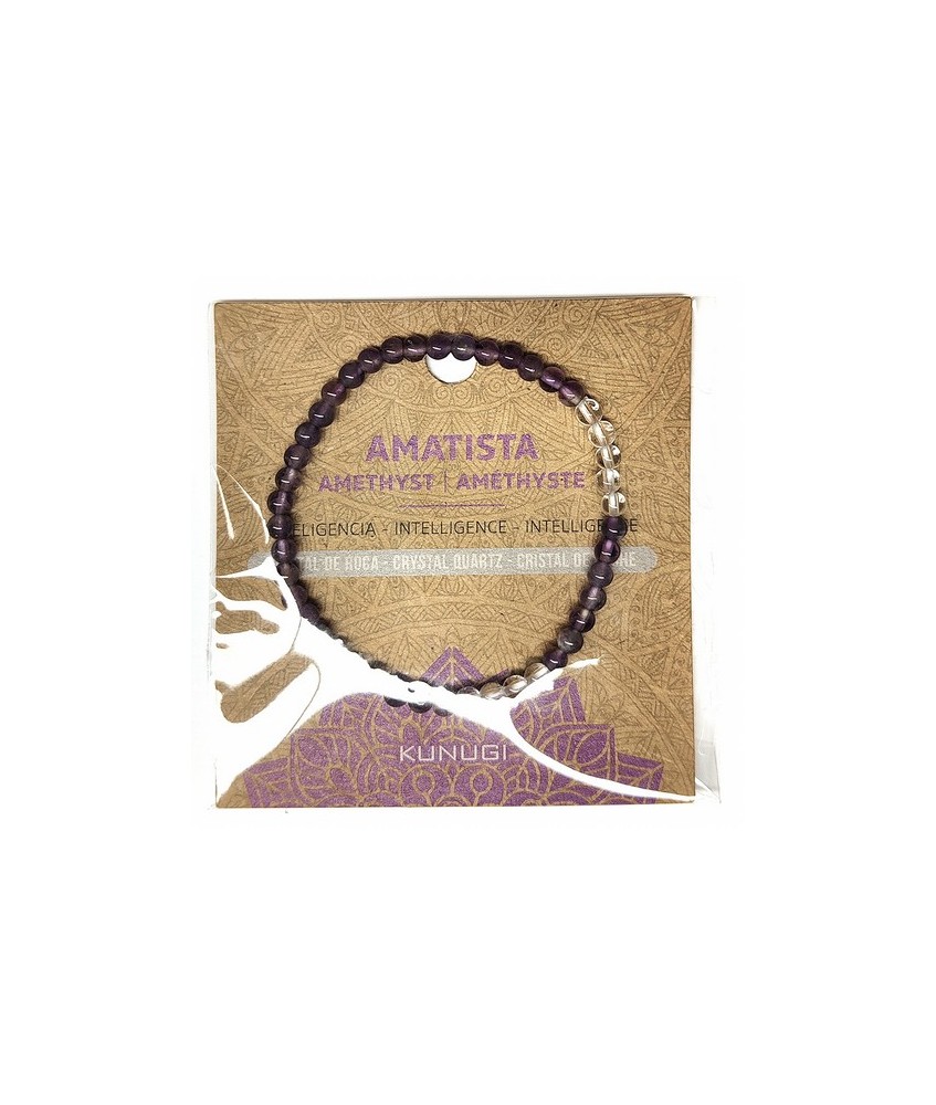 Pulsera de Amatista y Cristal de Roca en bolas de 4mm.

En goma elástica.

Tarjeta exclusiva en 3 idiomas.
