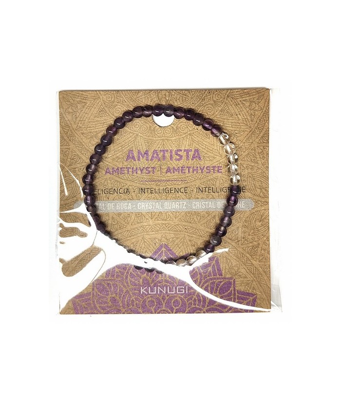 Pulsera de Amatista y Cristal de Roca en bolas de 4mm.

En goma elástica.

Tarjeta exclusiva en 3 idiomas.