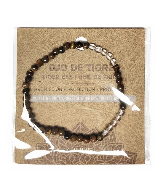 Pulsera de Ojo de Tigre y Cristal de Roca en bolas de 4mm.

En goma elástica.

Tarjeta exclusiva en 3 idiomas.