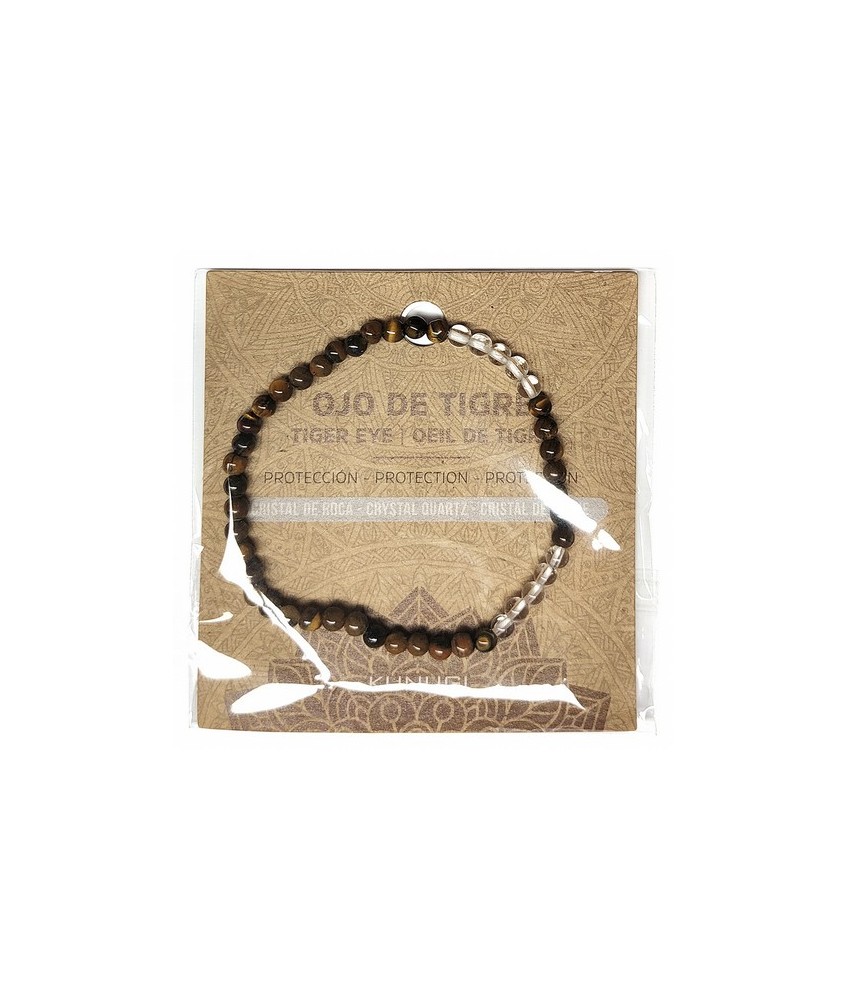 Pulsera de Ojo de Tigre y Cristal de Roca en bolas de 4mm.

En goma elástica.

Tarjeta exclusiva en 3 idiomas.