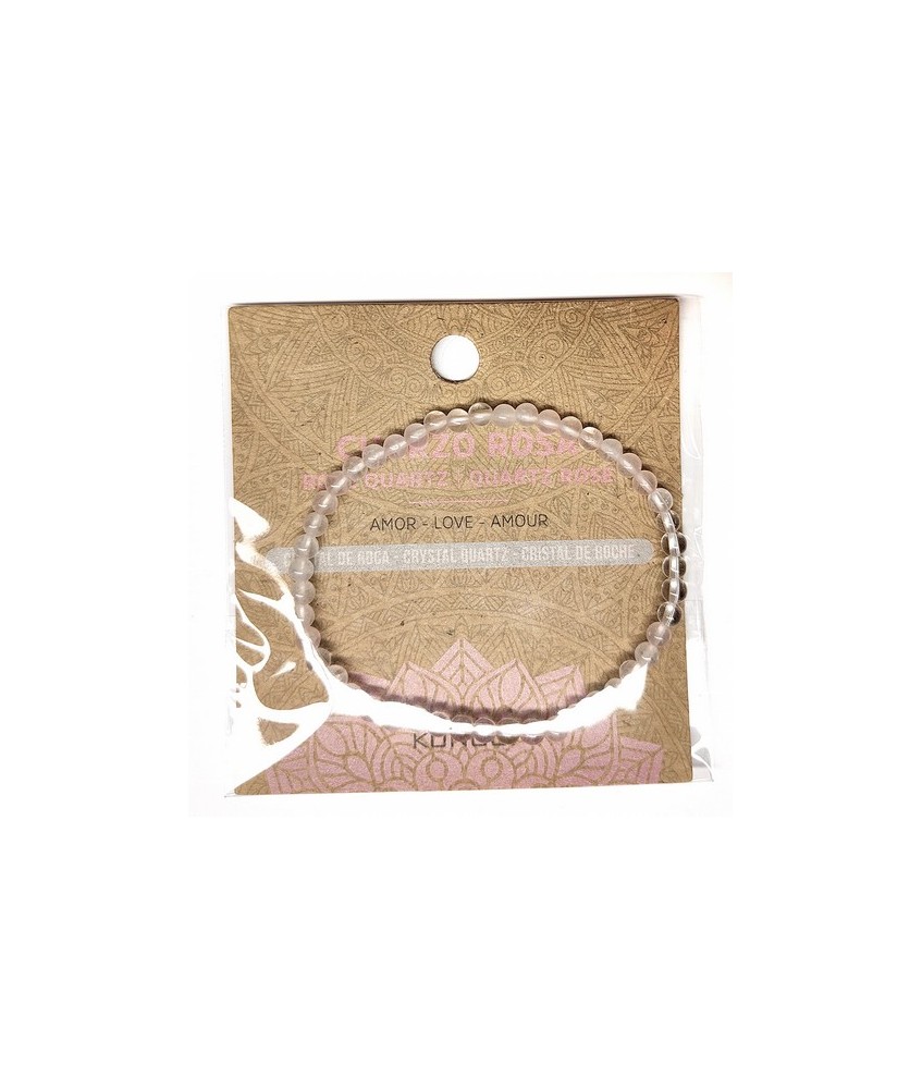 Pulsera de Cuarzo Rosa y Cristal de Roca en bolas de 4mm.

En goma elástica.

Tarjeta exclusiva en 3 idiomas