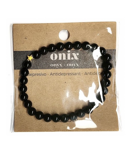 Pulsera de Ónix( bolas de 6mm) con símbolo de estrella plateada.

En goma elástica.

Tarjeta exclusiva en 3 idiomas.