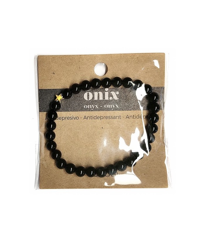 Pulsera de Ónix( bolas de 6mm) con símbolo de estrella plateada.

En goma elástica.

Tarjeta exclusiva en 3 idiomas.