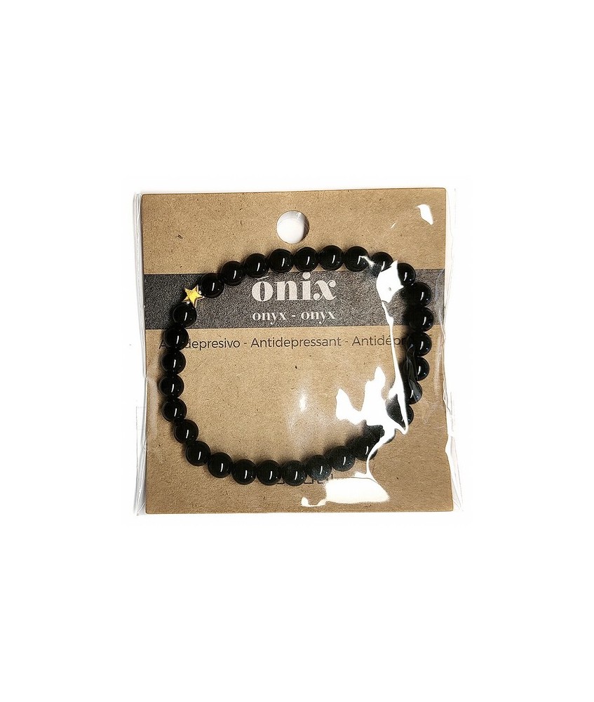 Pulsera de Ónix( bolas de 6mm) con símbolo de estrella dorada.

En goma elástica.

Tarjeta exclusiva en 3 idiomas.
