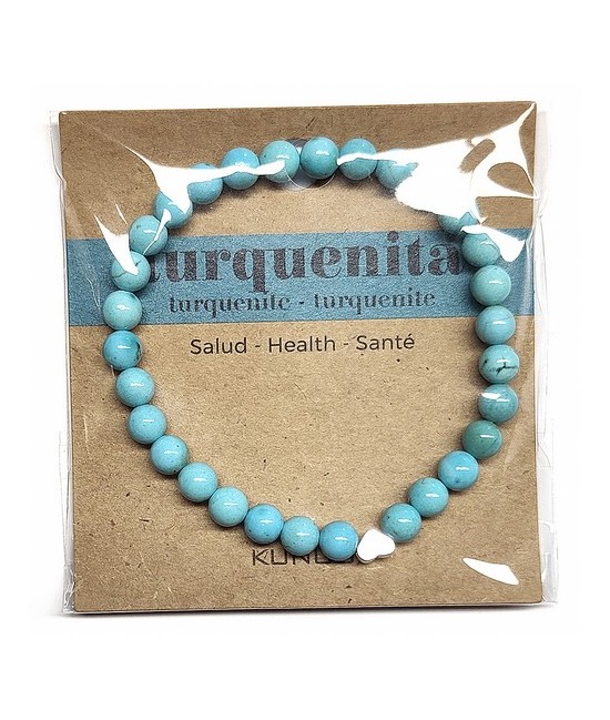 Pulsera de Turquenita (bolas de 6mm) con símbolo de corazón plateado.

En goma elástica.

Tarjeta exclusiva en 3 idiomas
