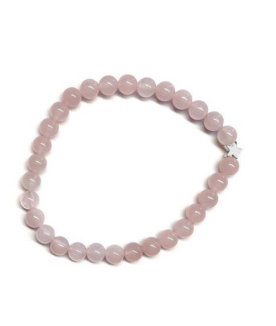 Pulsera de Cuarzo Rosa (bolas de 6mm) con símbolo de estrella plateada.

En goma elástica.

Tarjeta exclusiva en 3 idiomas.
