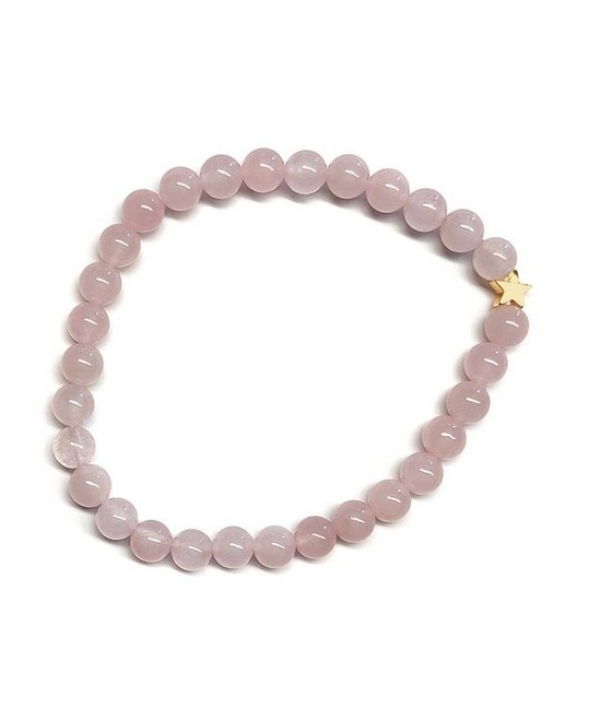 Pulsera de Cuarzo Rosa (bolas de 6mm) con símbolo de estrella dorada.

En goma elástica.

Tarjeta exclusiva en 3 idiomas.