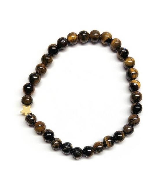 Pulsera de Ojo de Tigre (bolas de 6mm) con símbolo de estrella dorada.

En goma elástica.

Tarjeta exclusiva en 3 idiomas.
