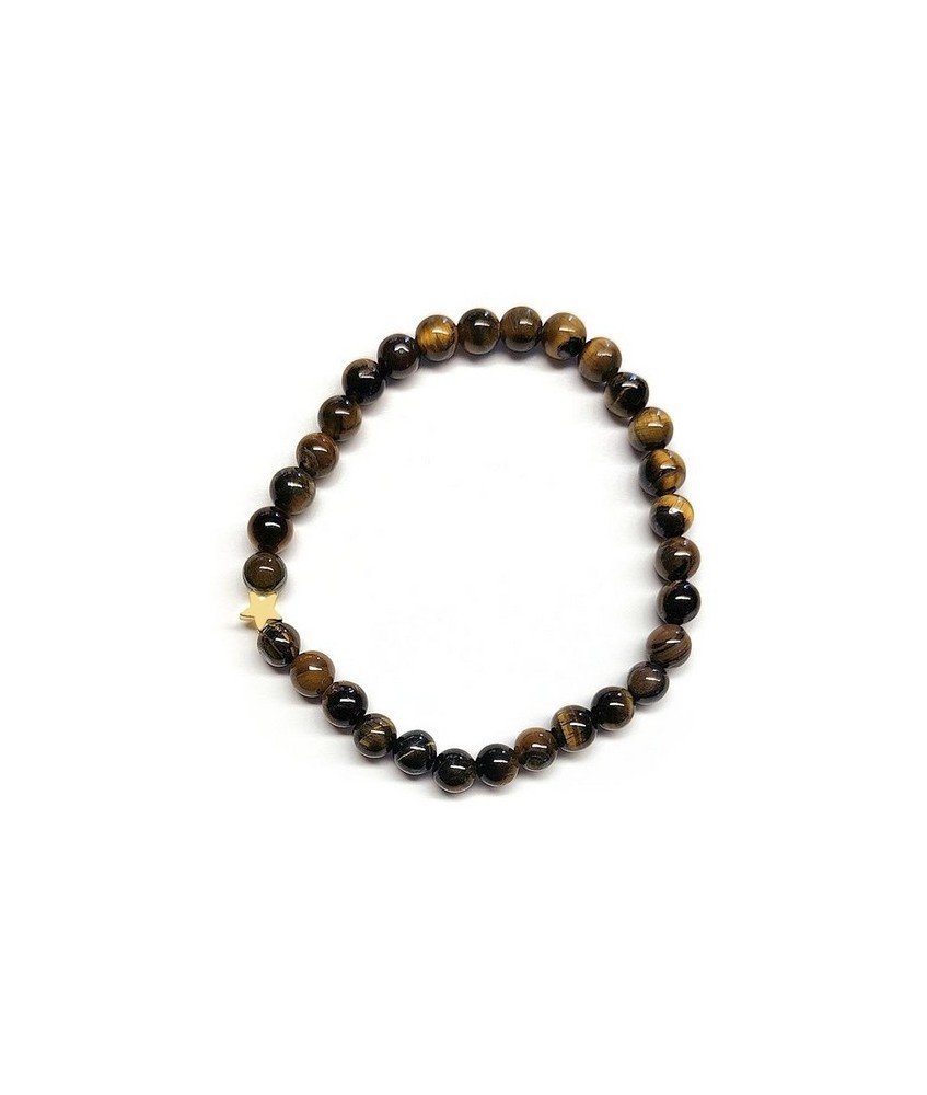 Pulsera de Ojo de Tigre (bolas de 6mm) con símbolo de estrella dorada.

En goma elástica.

Tarjeta exclusiva en 3 idiomas.