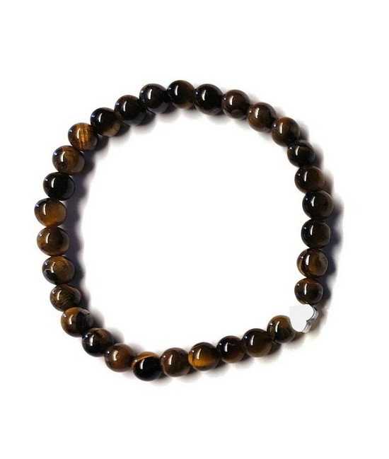 Pulsera de Ojo de Tigre (bolas de 6mm) con símbolo de corazón plateado.

En goma elástica.

Tarjeta exclusiva en 3 idiomas.