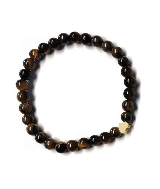 Pulsera de Ojo de Tigre (bolas de 6mm) con símbolo de corazón dorado.

En goma elástica.

Tarjeta exclusiva en 3 idiomas.