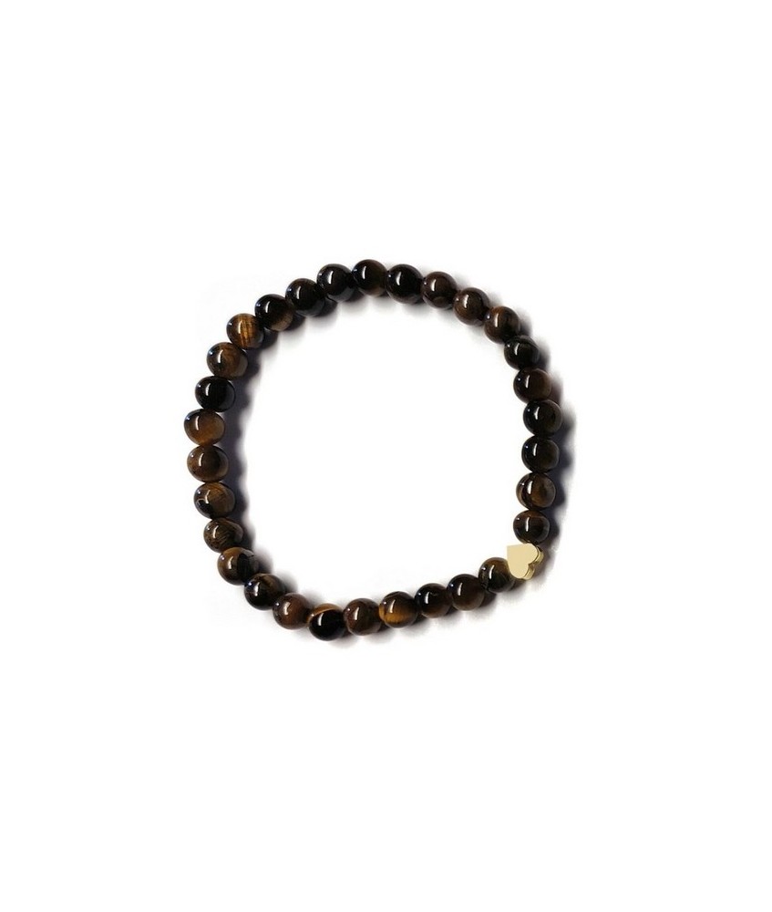 Pulsera de Ojo de Tigre (bolas de 6mm) con símbolo de corazón dorado.

En goma elástica.

Tarjeta exclusiva en 3 idiomas.