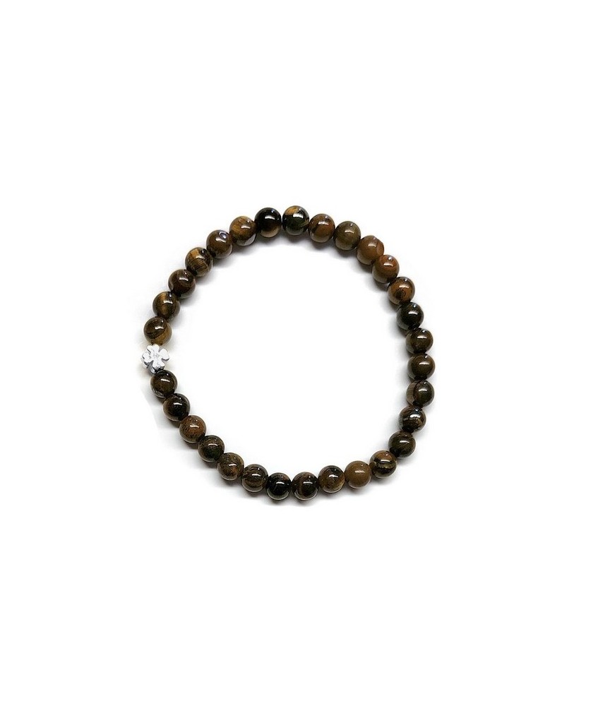 Pulsera de Ojo de Tigre (bolas de 6mm) con símbolo de trébol plateado.

En goma elástica.

Tarjeta exclusiva en 3 idiomas.