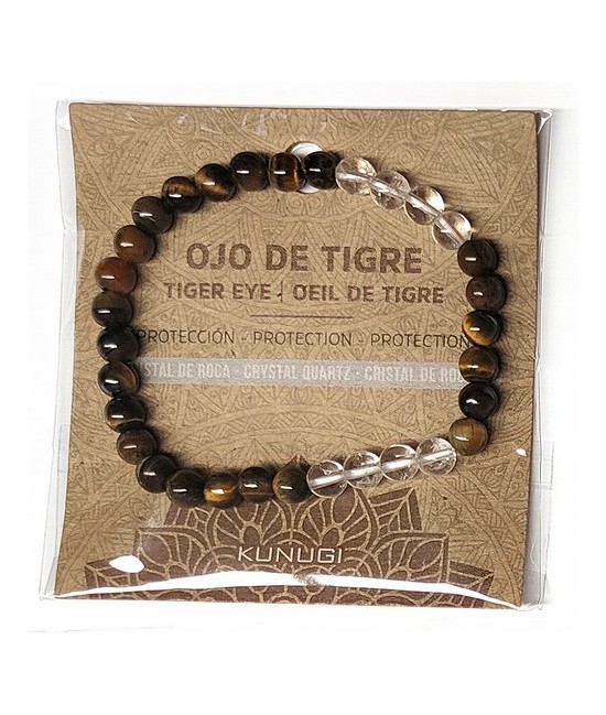 Pulsera de Ojo de Tigre y Cristal de Roca en bolas de 6mm.

En goma elástica.

Tarjeta exclusiva en 3 idiomas.