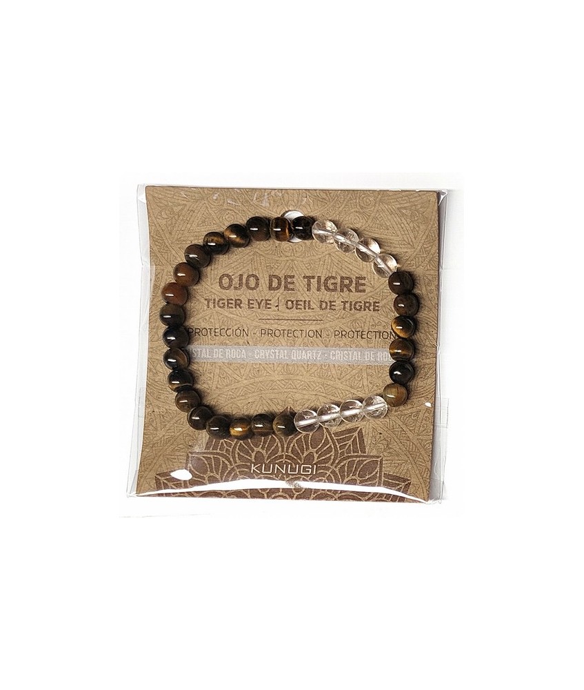 Pulsera de Ojo de Tigre y Cristal de Roca en bolas de 6mm.

En goma elástica.

Tarjeta exclusiva en 3 idiomas.