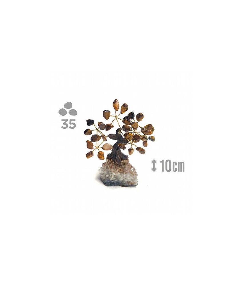 Árbol compuesto de 35 piedras de Ojo de Tigre (de 1cm aprox).

Base de drusa de Amatista.

Medida: 10cm de alto aprox
