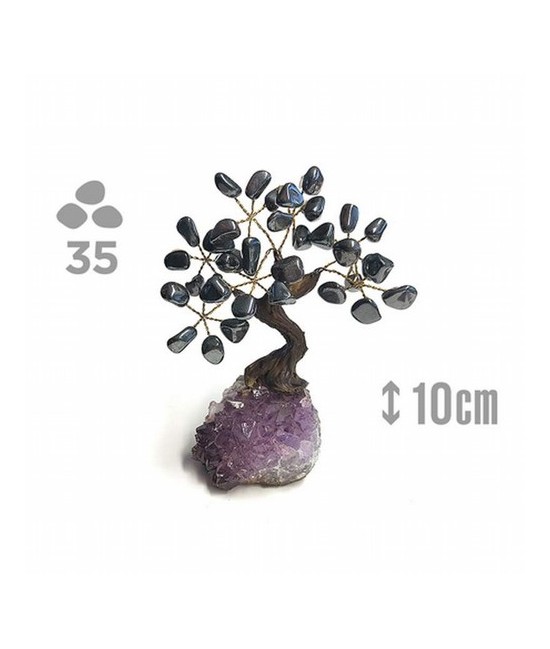 Árbol compuesto de 35 piedras de Hematite (de 1cm aprox).

Base de drusa de Amatista.

Medida: 10cm de alto aprox