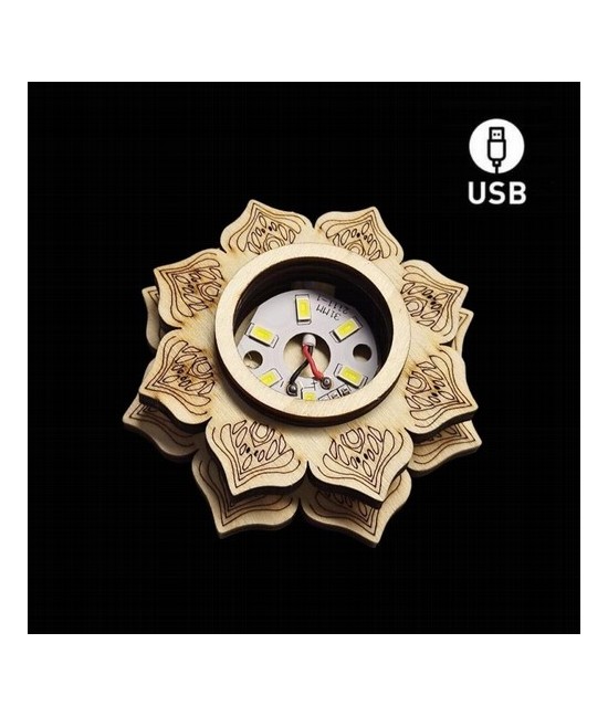 Base de Madera 6 Led Blanca USB con el símbolo de la Flor de Loto.

Incluye cable USB

No incluye adaptador de corriente
