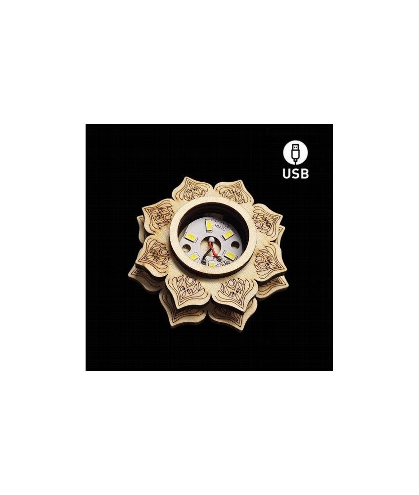 Base de Madera 6 Led Blanca USB con el símbolo de la Flor de Loto.

Incluye cable USB

No incluye adaptador de corriente
