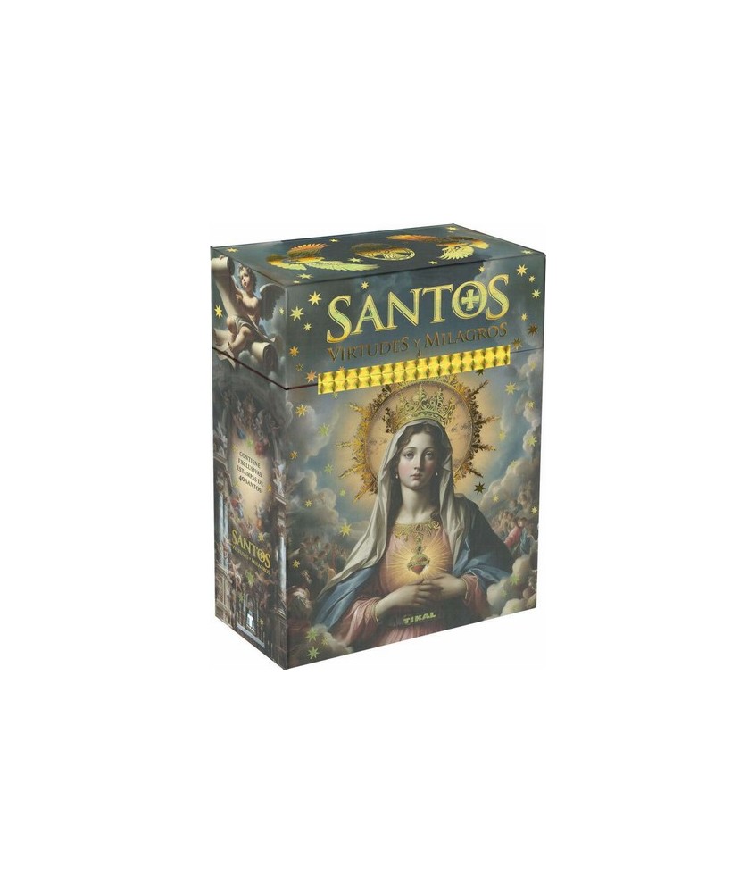 Caja que contiene 40 estampas de santos del cristianismo, representados en hermosas obras pictóricas, además de un libro de 80 