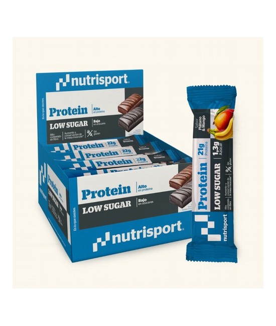 La barrita Protein Low Sugar sabor Plátano & Mango es una barrita de 60g con un alto contenido en proteína (21g) y muy poca azú
