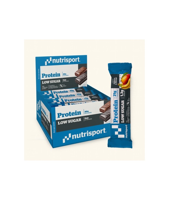 La barrita Protein Low Sugar sabor Plátano & Mango es una barrita de 60g con un alto contenido en proteína (21g) y muy poca azú