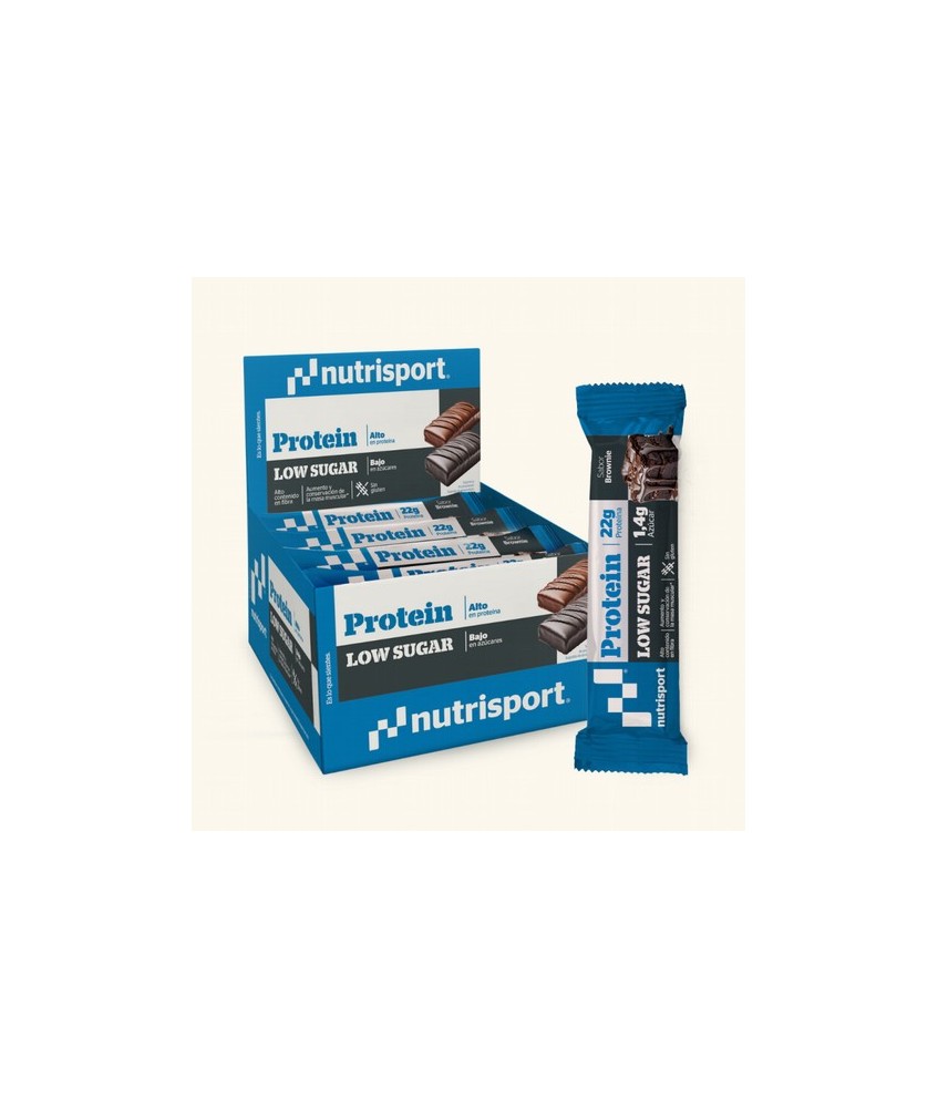 La barrita Protein Low Sugar sabor Brownie es una barrita de 60g con un alto contenido en proteína (22g) y muy poca azúcar (1,4