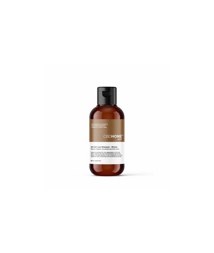 Este Champú Anticaída para Mujer, en formato de 250 ml,  es un tratamiento con CBD, Cegaba, Redensyl y Factores de Crecimiento 