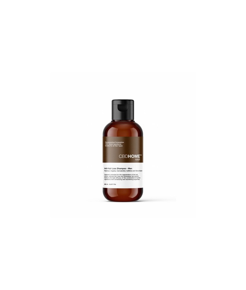 Este Champú Anticaída para Hombre, en formato de 250 ml,  es un tratamiento  que combina CBD, Redensyl, Cegaba, Cafeína y facto