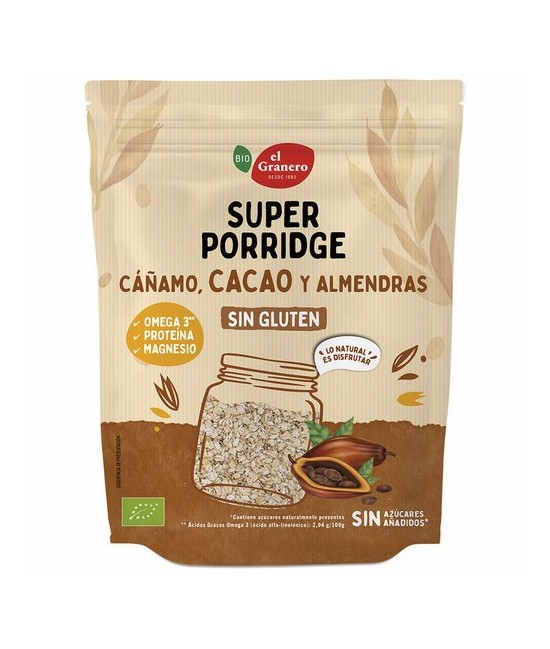 
SUPERPORRIDGE SIN GLUTEN CACAO BIO, 350 g
Ref. 019214

Ingredientes: copos de avena integral sin gluten* 69%, semillas de 