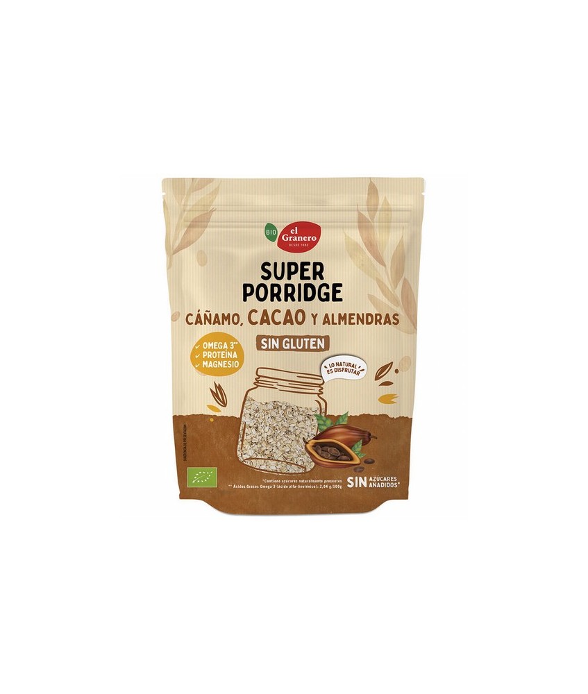 
SUPERPORRIDGE SIN GLUTEN CACAO BIO, 350 g
Ref. 019214

Ingredientes: copos de avena integral sin gluten* 69%, semillas de 
