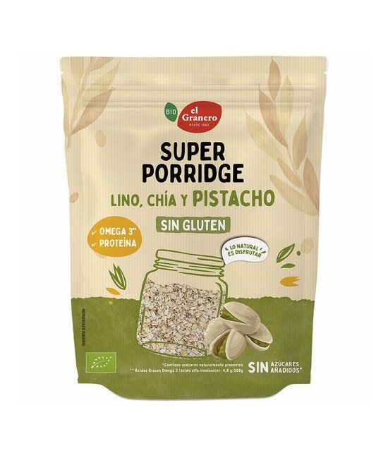 SUPERPORRIDGE SIN GLUTEN PISTACHO BIO, 350 g
Ref. 019213

Ingredientes: copos de avena integral sin gluten* 74%, semillas de