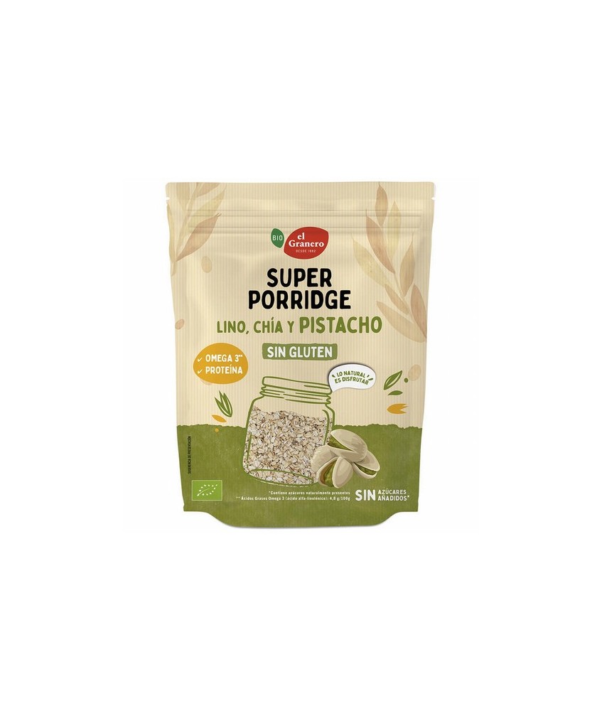SUPERPORRIDGE SIN GLUTEN PISTACHO BIO, 350 g
Ref. 019213

Ingredientes: copos de avena integral sin gluten* 74%, semillas de