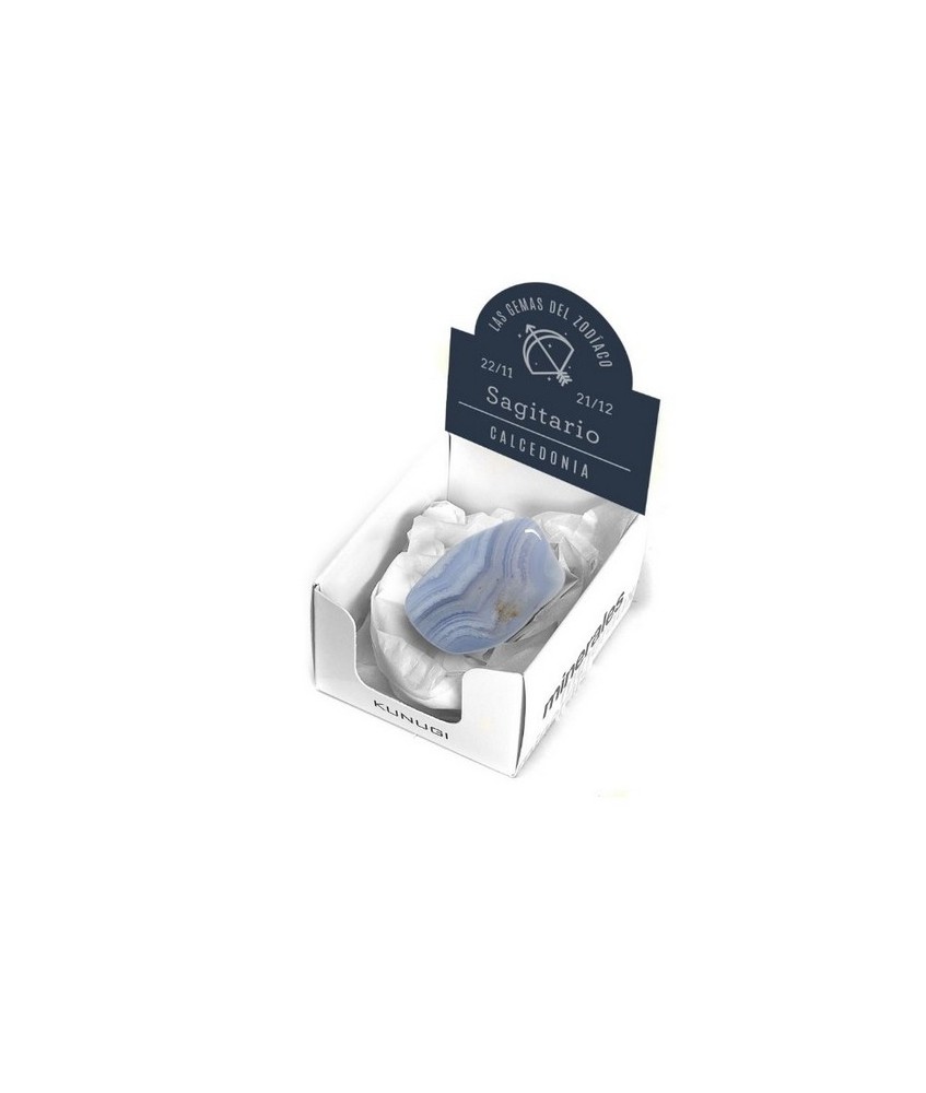 Caja que contiene gema de Calcedonia de 3-4 cm aprox.

El signo del zodíaco que representa la Calcedonia es Sagitario.

Med