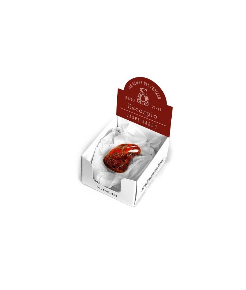 Caja que contiene gema de Jaspe Sardo de 3-4 cm aprox.

El signo del zodíaco que representa el Jaspe Sardo es Escorpio.

Me