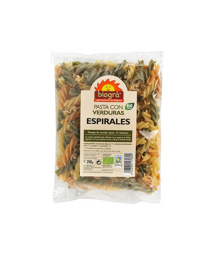 Espirales con verduras

Pueden cocinarse hervidos, acompañados con mantequilla o con salsa de tomate, boloñesa, pesto...

L
