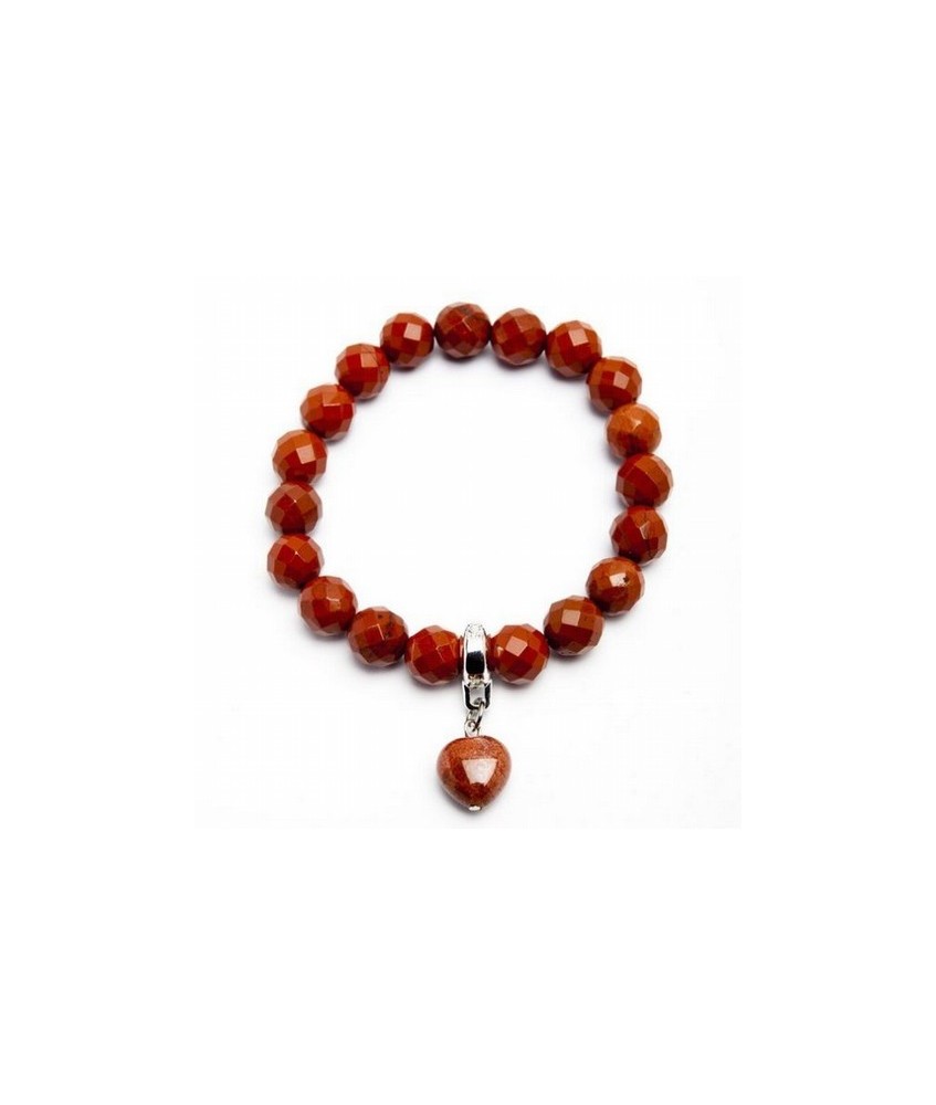 Pulsera Jaspe Rojo Bola 10mm Facetada con Colgante Corazón.