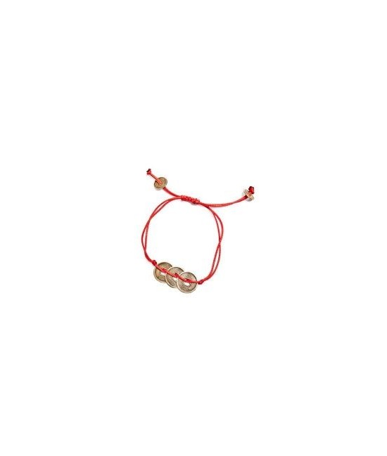 Pulsera 3 monedas de la suerte con hilo rojo.