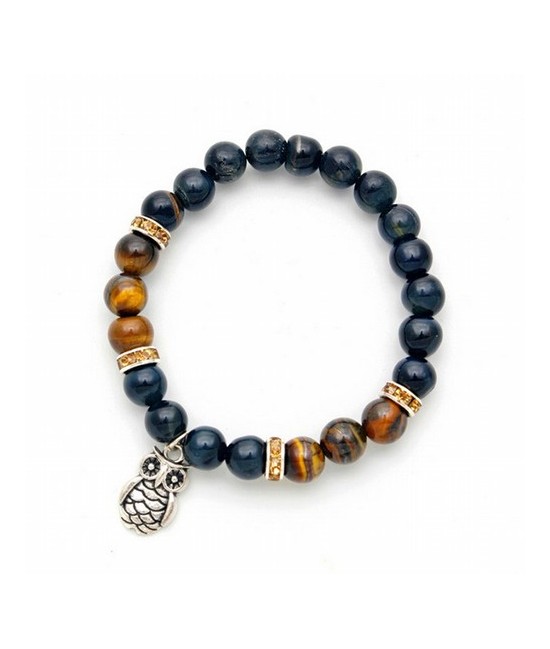 Pulsera de ojo de tigre y ojo de halcón en bola de 8 mm. con amuleto colgante metálico en forma de búho y detalles de circonita