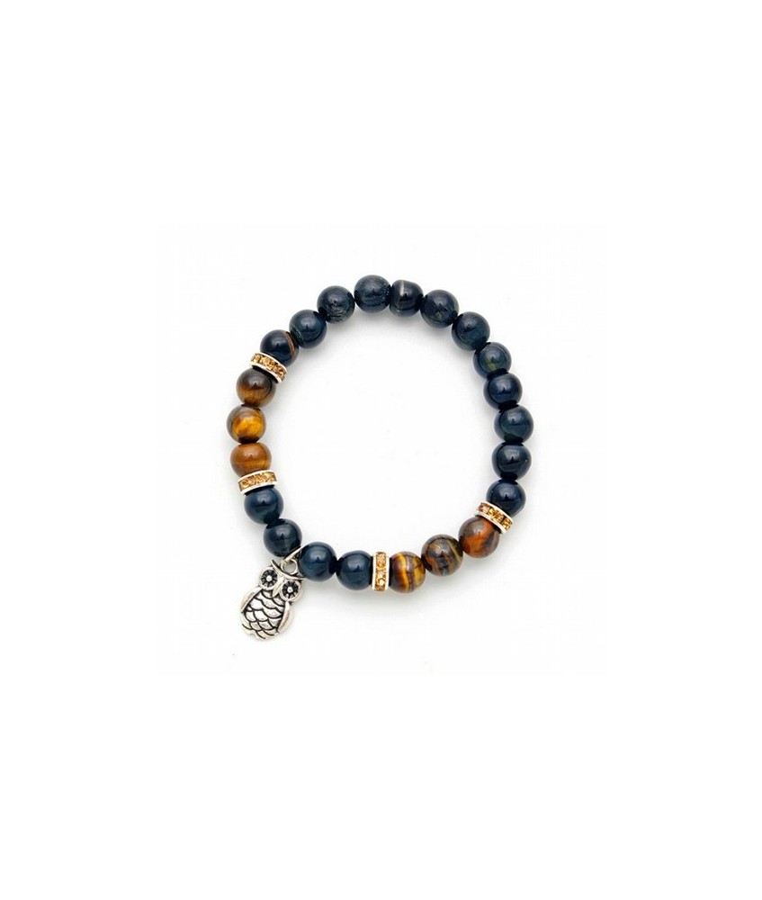 Pulsera de ojo de tigre y ojo de halcón en bola de 8 mm. con amuleto colgante metálico en forma de búho y detalles de circonita