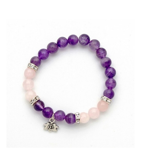 Pulsera de amatista y cuarzo rosa en bola de 8 mm. con amuleto colgante metálico en forma de flor de loto y detalles de circoni