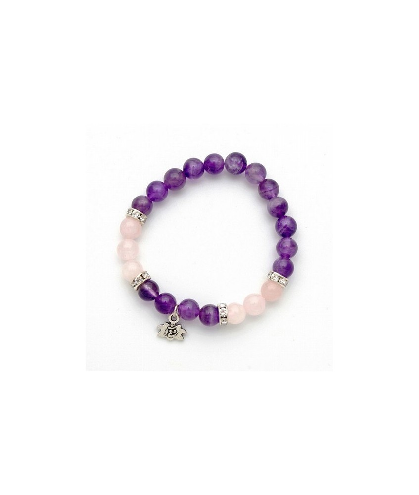Pulsera de amatista y cuarzo rosa en bola de 8 mm. con amuleto colgante metálico en forma de flor de loto y detalles de circoni