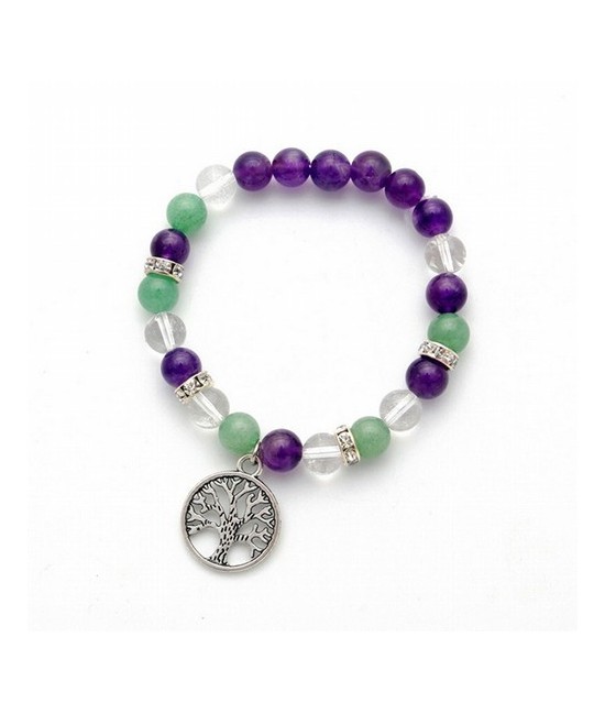 Pulsera de amatista, aventurina y cristal de roca en bola de 8 mm. con amuleto metálico colgante del árbol de la vida y detalle