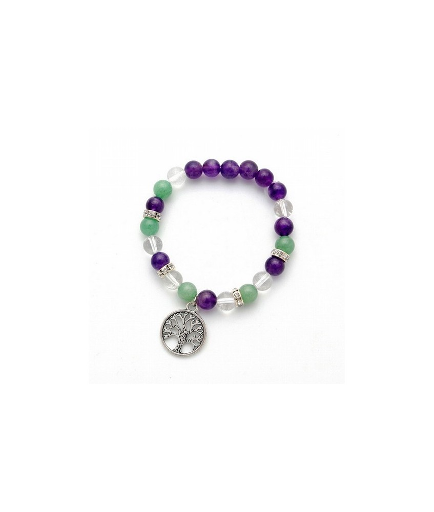 Pulsera de amatista, aventurina y cristal de roca en bola de 8 mm. con amuleto metálico colgante del árbol de la vida y detalle